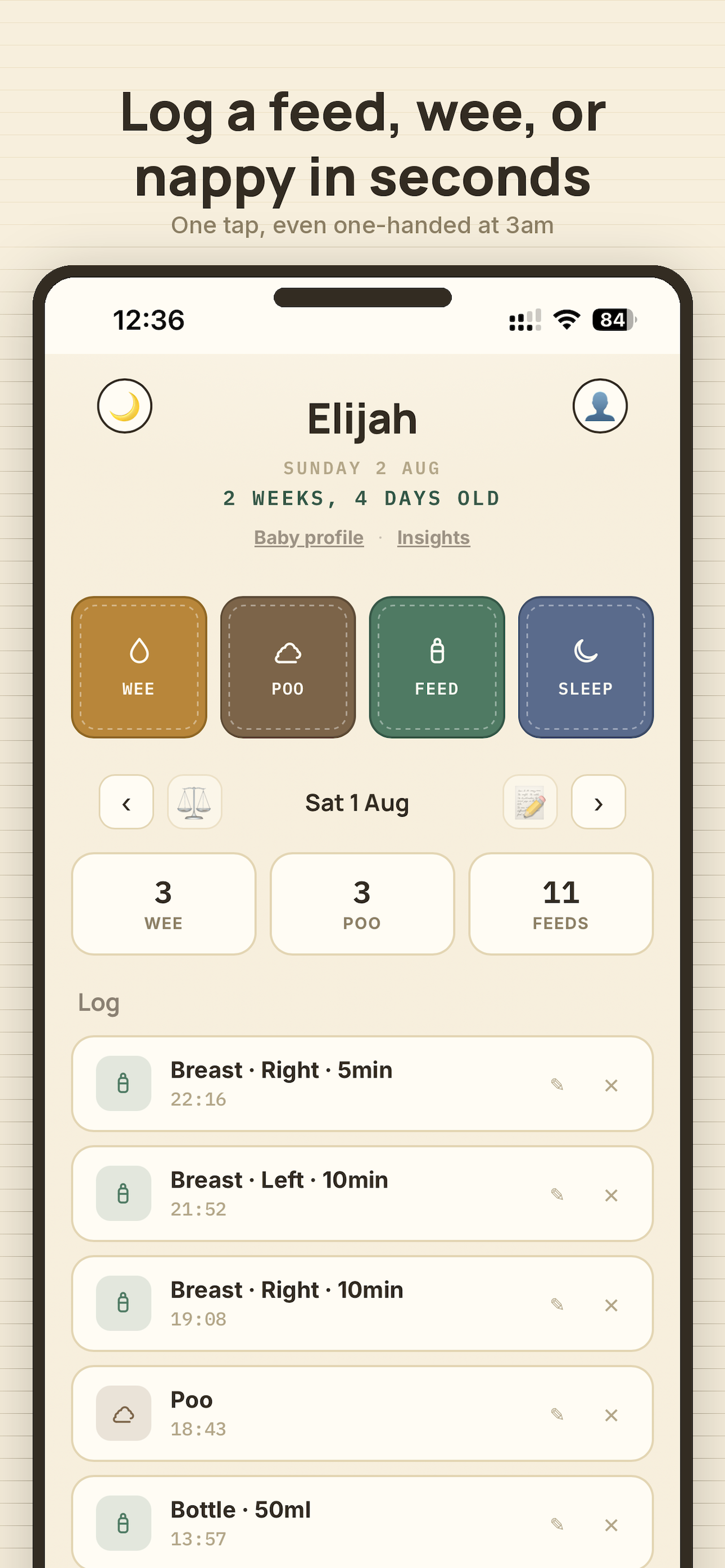 Baby Log main screen with one-tap logging buttons